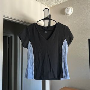 Black and blue V neck shirt